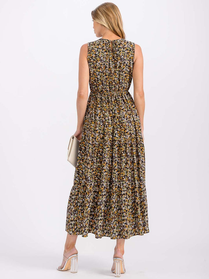 WOMEN'S SLEEVELESS ELASTIC WAIST TIERED FLORAL MAXI DRESS