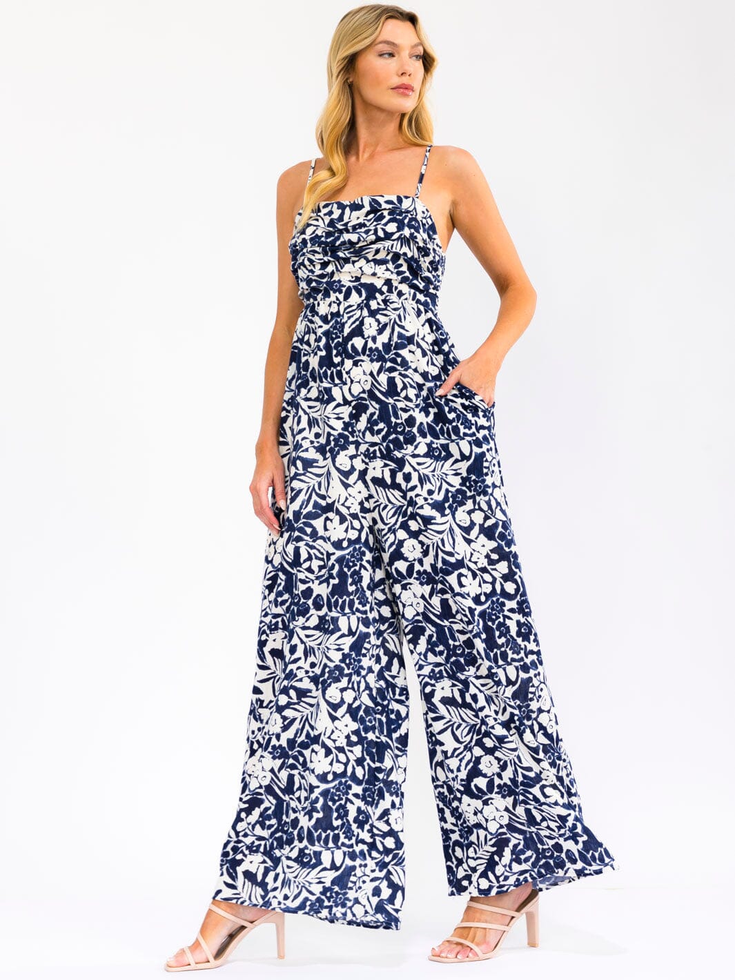 WOMEN'S SLEEVELESS SMOCK FRONT POCKETS FLORAL PRINT WIDE LEG JUMPSUIT