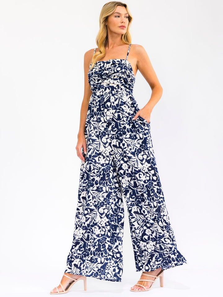 WOMEN'S SLEEVELESS SMOCK FRONT POCKETS FLORAL PRINT WIDE LEG JUMPSUIT