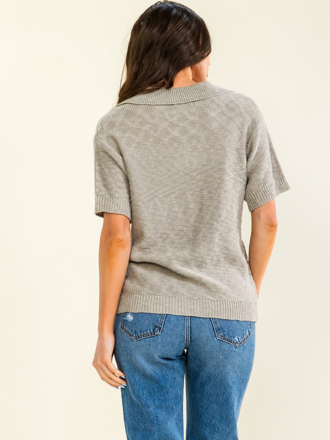 WOMEN'S SHORT SLEEVE V-NECK KNIT COLLAR TOP