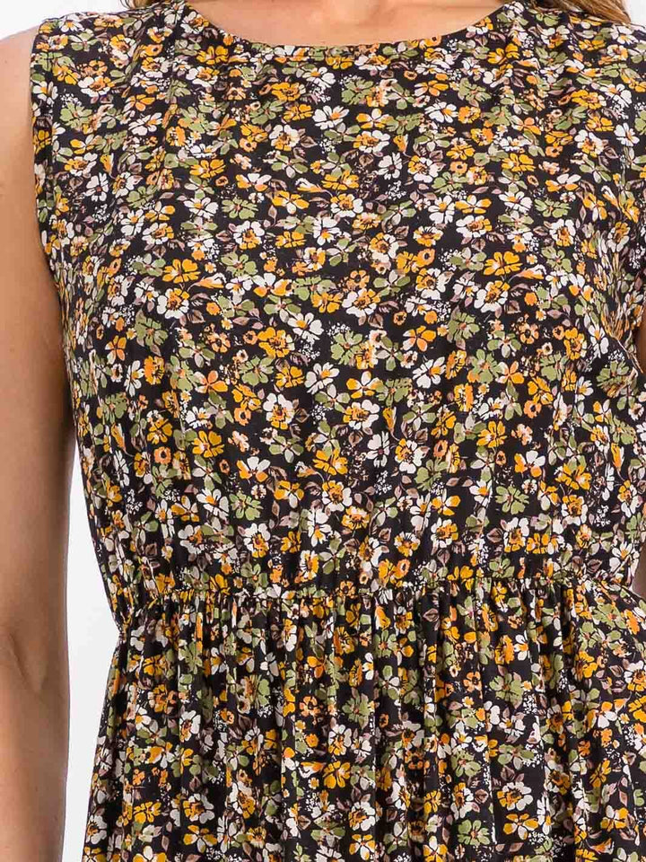 WOMEN'S SLEEVELESS ELASTIC WAIST TIERED FLORAL MAXI DRESS