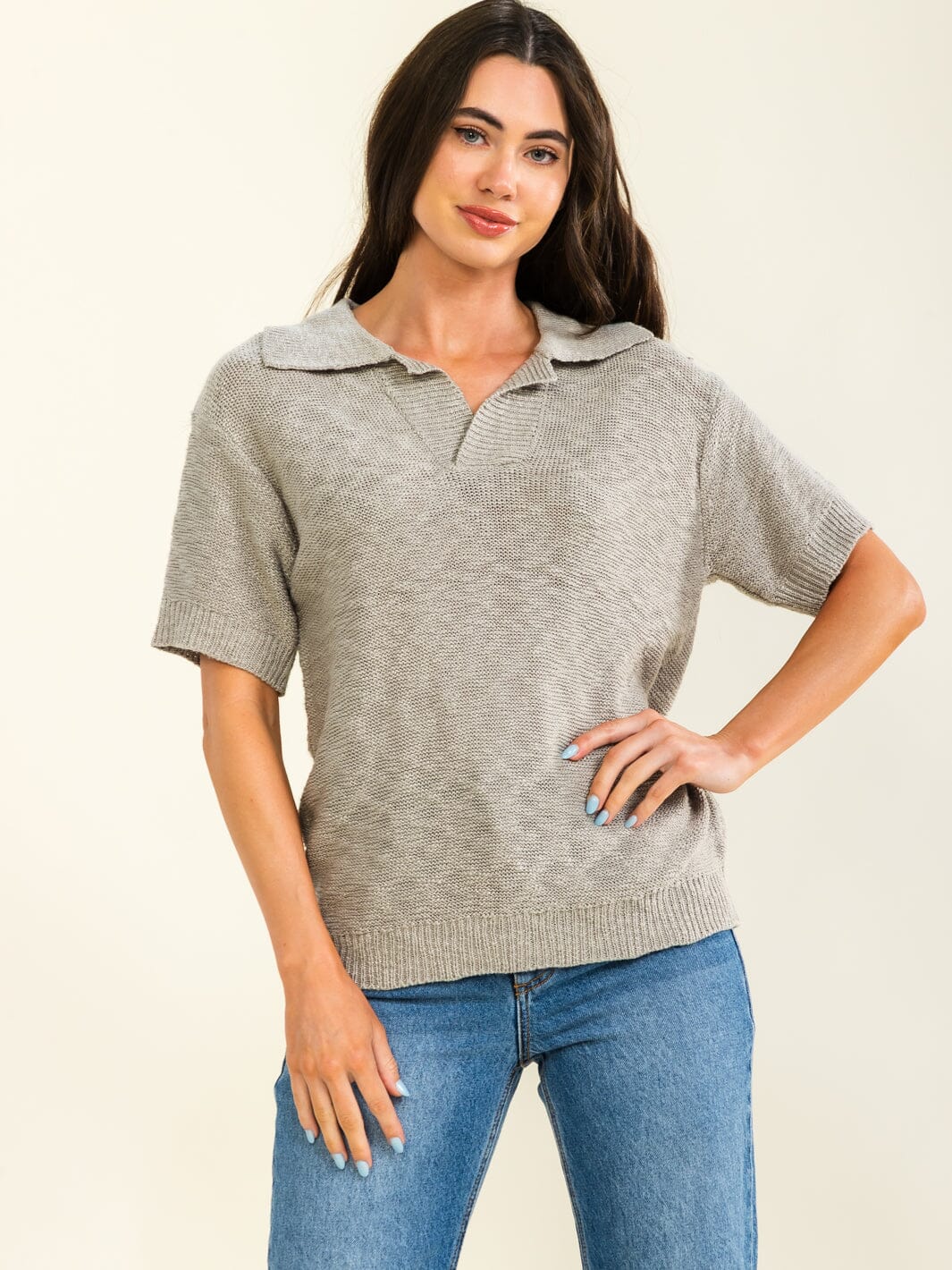WOMEN'S SHORT SLEEVE V-NECK KNIT COLLAR TOP
