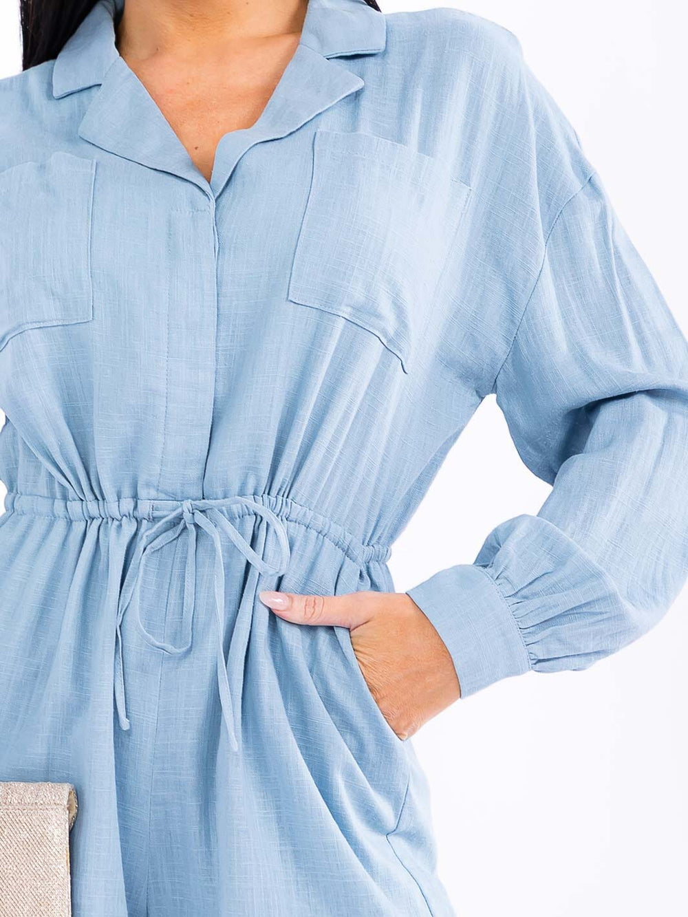 WOMEN'S LONG SLEEVE BUTTON UP ADJUSTABLE WAIST POCKETS ROMPER