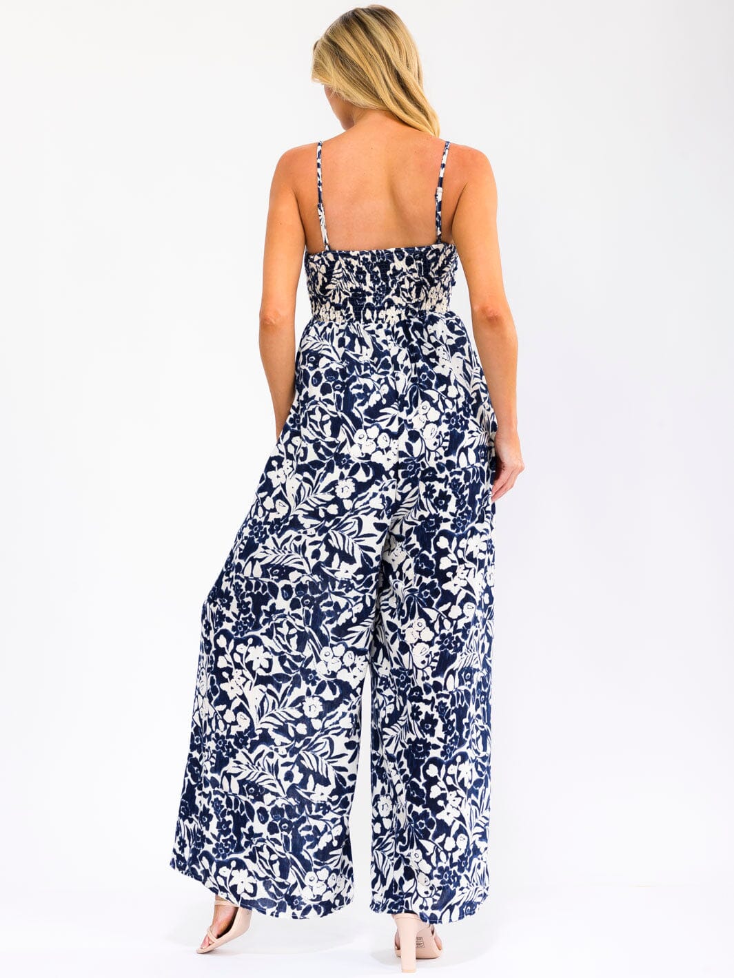 WOMEN'S SLEEVELESS SMOCK FRONT POCKETS FLORAL PRINT WIDE LEG JUMPSUIT
