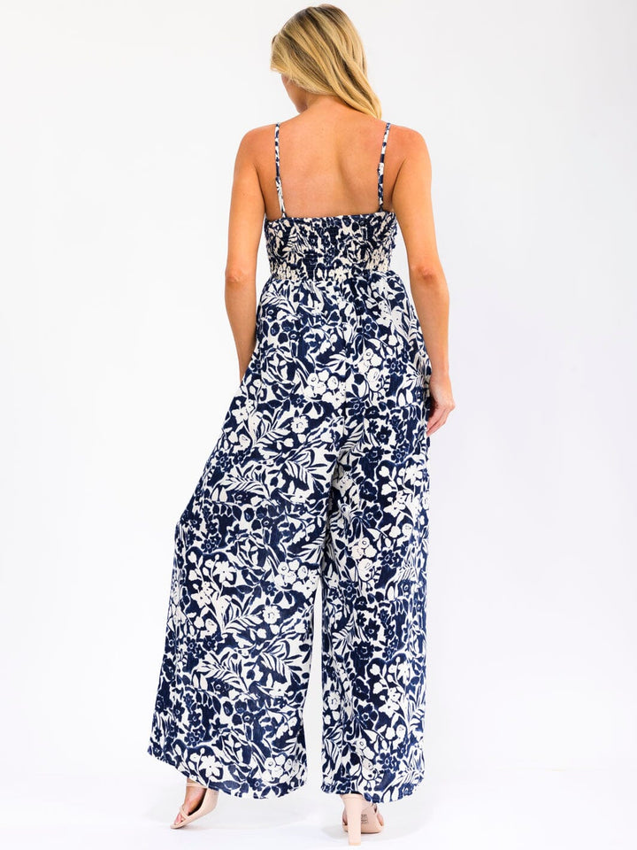 WOMEN'S SLEEVELESS SMOCK FRONT POCKETS FLORAL PRINT WIDE LEG JUMPSUIT