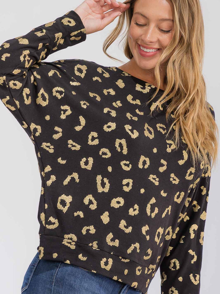WOMEN'S LONG SLEEVE SHIMMER ANIMAL PRINT TOP