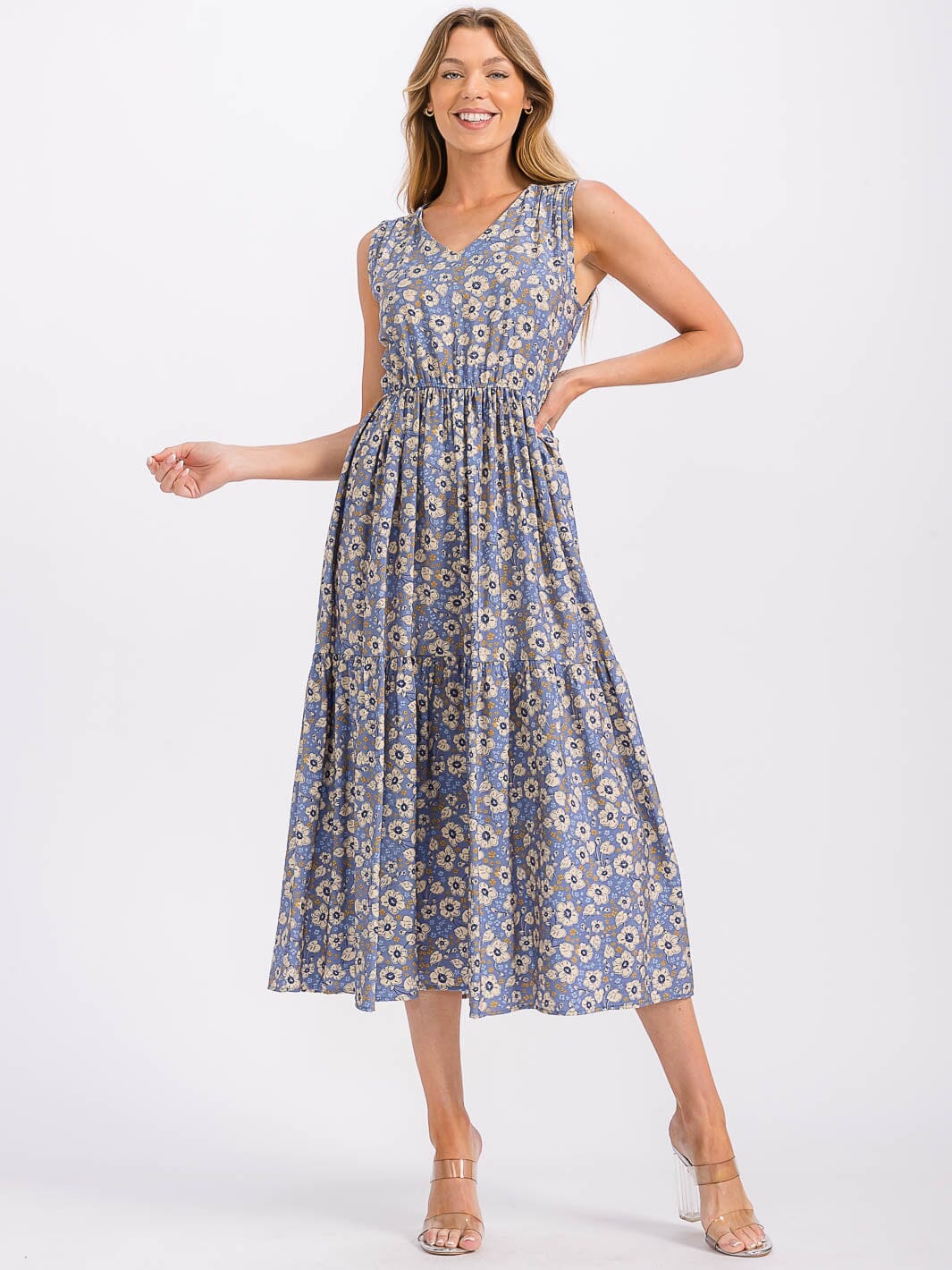 WOMEN'S SLEEVELESS V-NECK ELASTIC WAIST POCKETS FLORAL MAXI DRESS