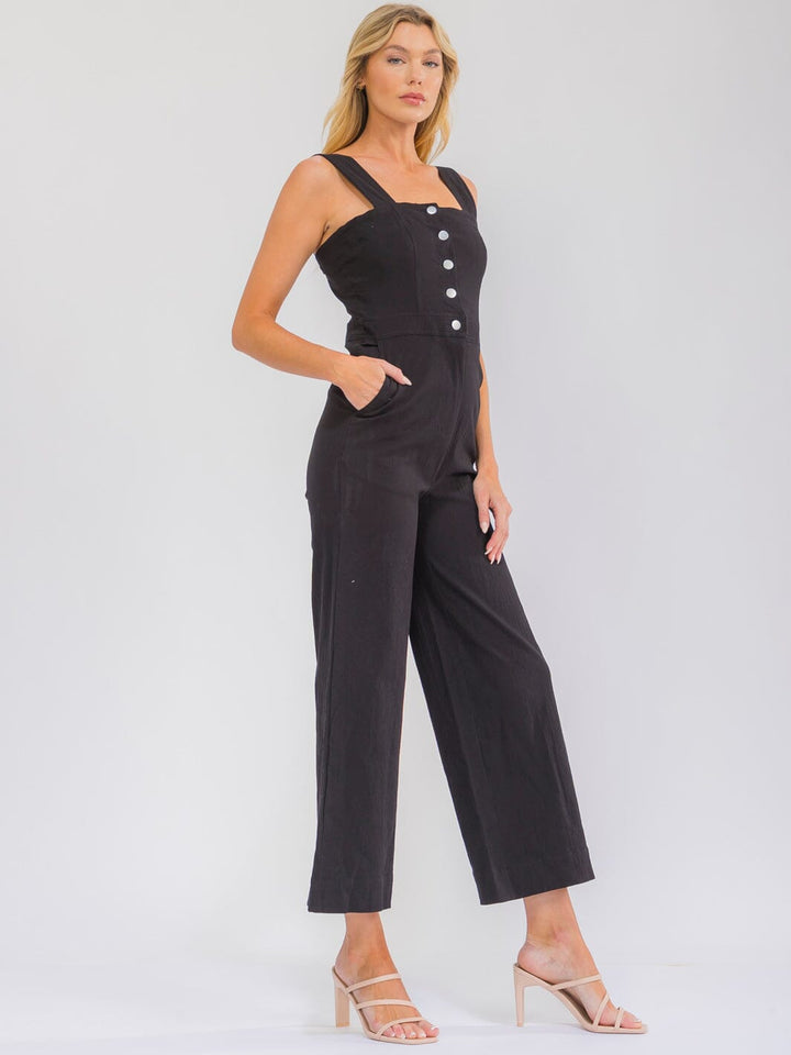 WOMEN'S SLEEVELESS BUTTON UP FRONT POCKETS STRETCH DENIM JUMPSUIT