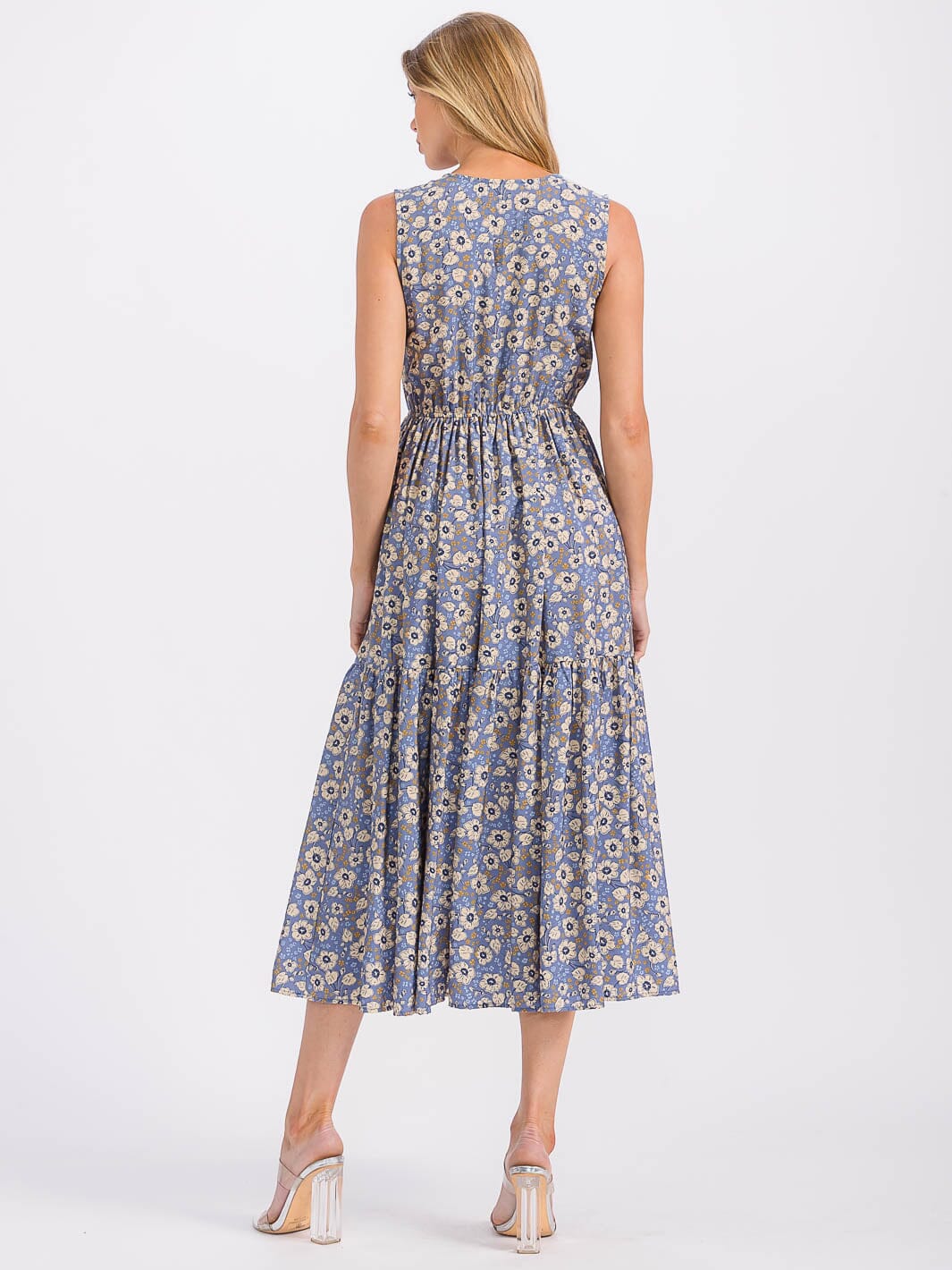 WOMEN'S SLEEVELESS V-NECK ELASTIC WAIST POCKETS FLORAL MAXI DRESS