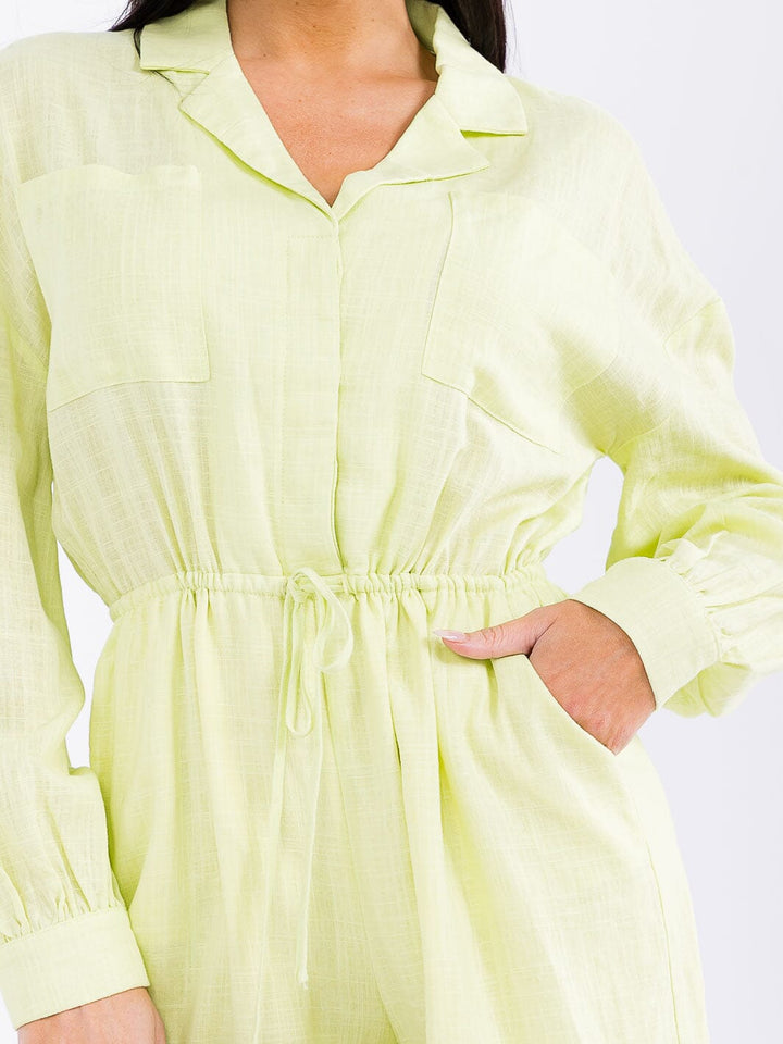 WOMEN'S LONG SLEEVE BUTTON UP ADJUSTABLE WAIST POCKETS ROMPER