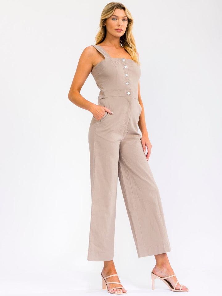 WOMEN'S SLEEVELESS BUTTON UP FRONT POCKETS STRETCH DENIM JUMPSUIT