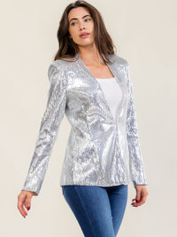 WOMEN'S LONG SLEEVE PADDED SHOULDERS BUTTON CLOSURE SEQUINS BLAZER