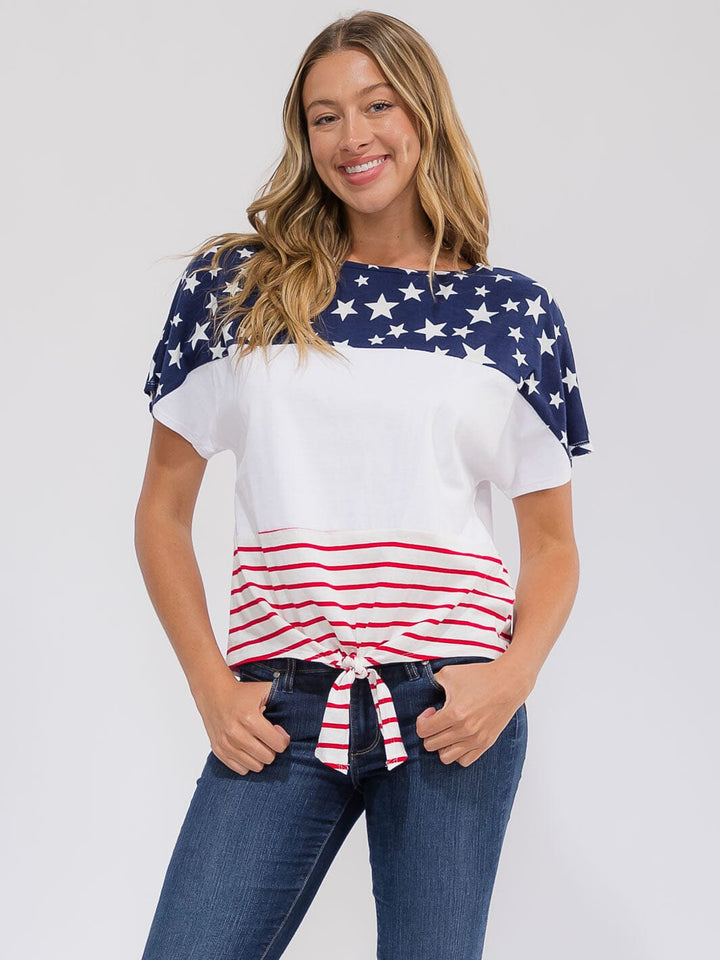 WOMEN'S SHORT SLEEVE AMERICAN FLAG PRINT TOP