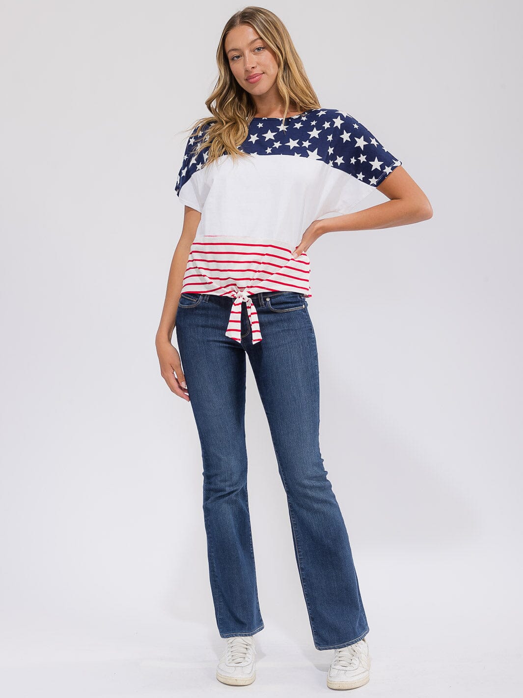 WOMEN'S SHORT SLEEVE AMERICAN FLAG PRINT TOP