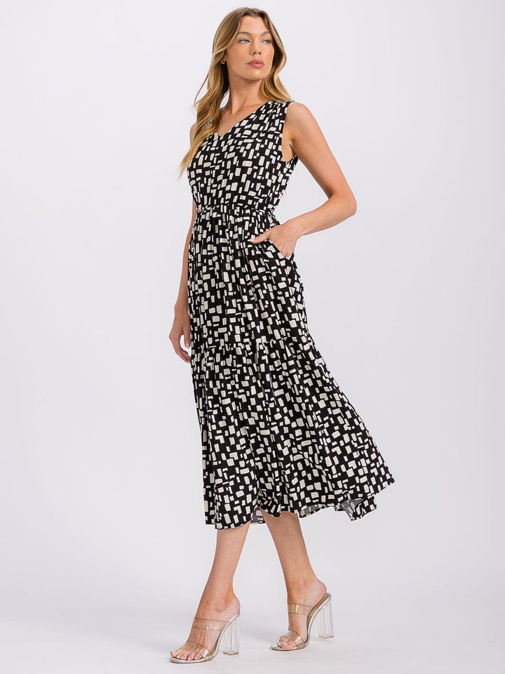 WOMEN'S SLEEVELESS V-NECK ELASTIC WAIST POCKETS PRINTED MAXI DRESS