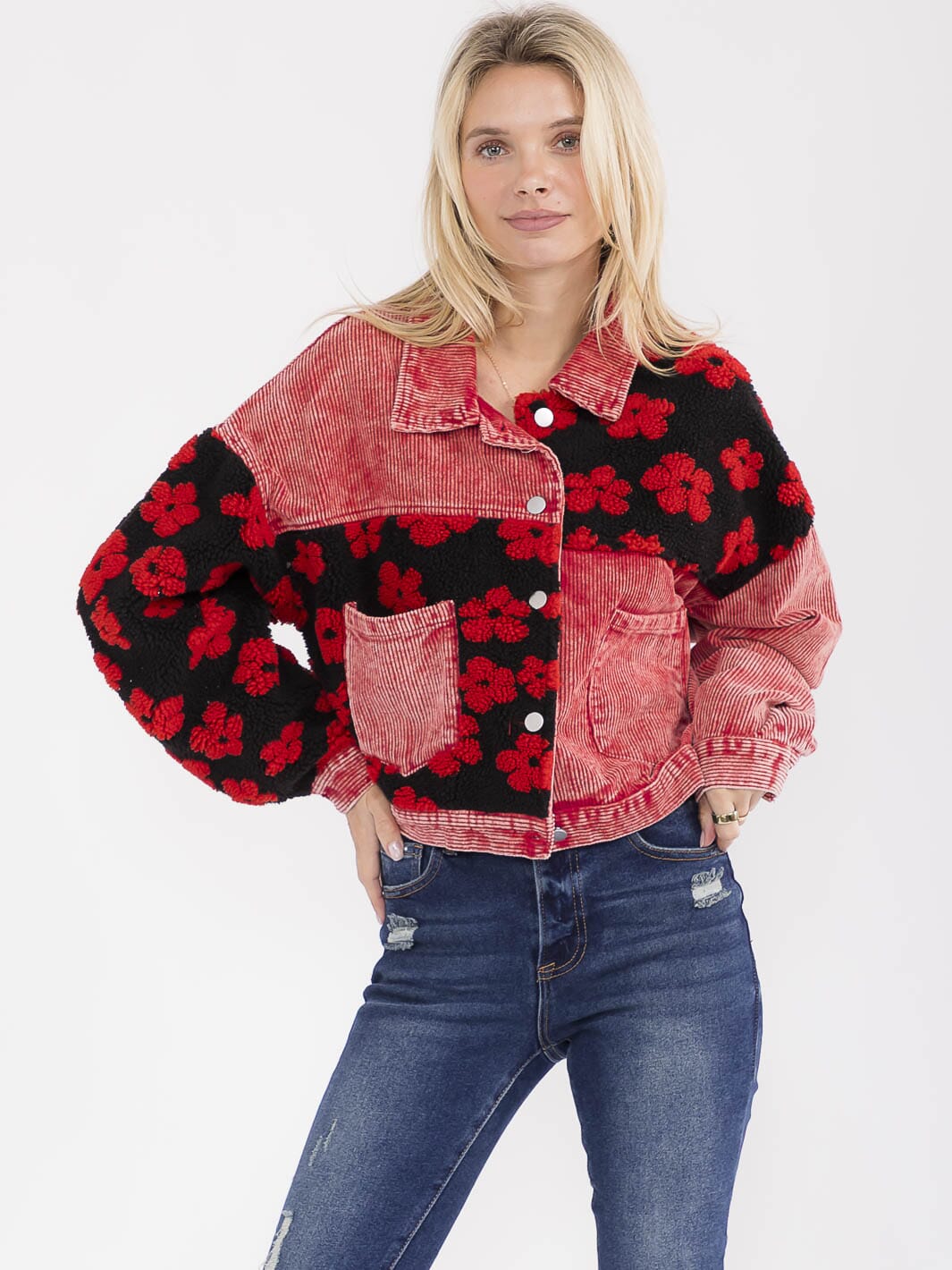 WOMEN'S LONG SLEEVE BUTTON CLOSURE FRONT POCKETS SHERPA CORDUROY JACKET