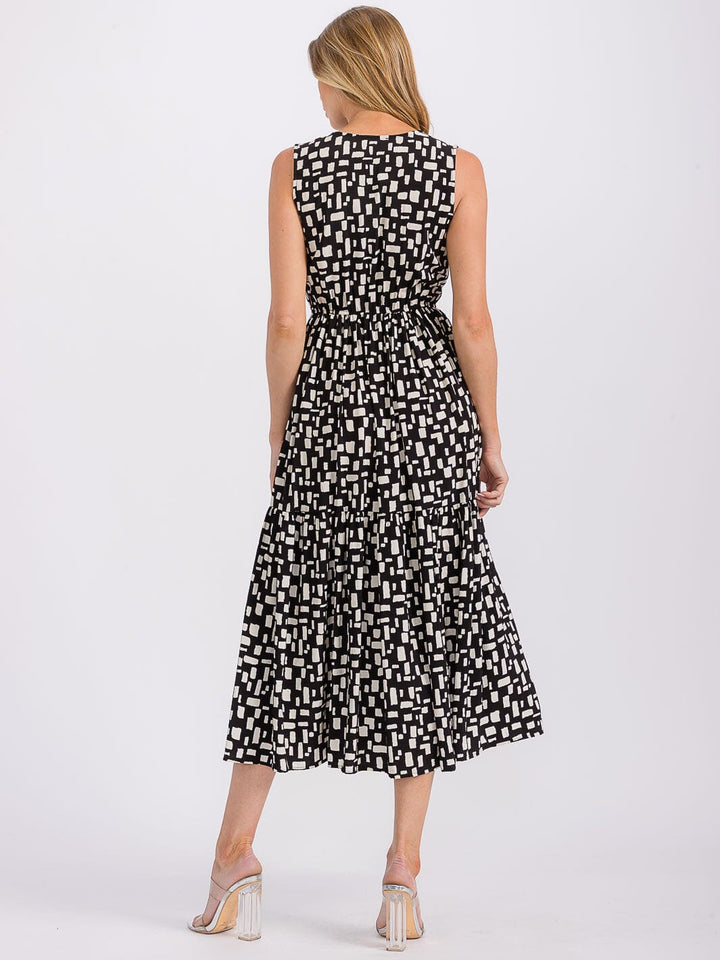 WOMEN'S SLEEVELESS V-NECK ELASTIC WAIST POCKETS PRINTED MAXI DRESS