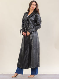 WOMEN'S LONG SLEEVE BUTTON CLOSURE BELTED PU PLEATHER EYELET DETAILED COAT