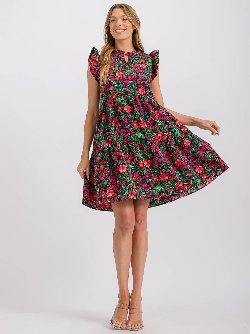 WOMEN'S SHORT SLEEVE BUTTON UP TIERED FLORAL MINI DRESS