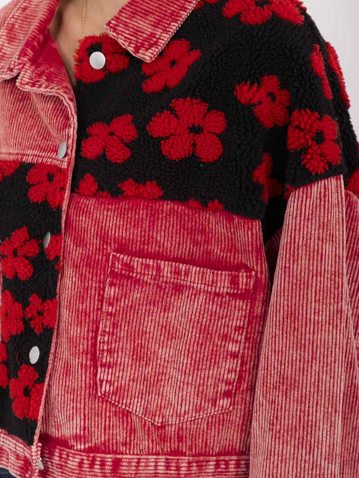 WOMEN'S LONG SLEEVE BUTTON CLOSURE FRONT POCKETS SHERPA CORDUROY JACKET