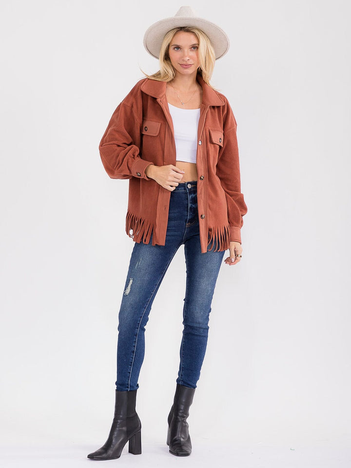 WOMEN'S LONG SLEEVE BUTTON CLOSURE FRONT POCKETS FRINGE JACKET