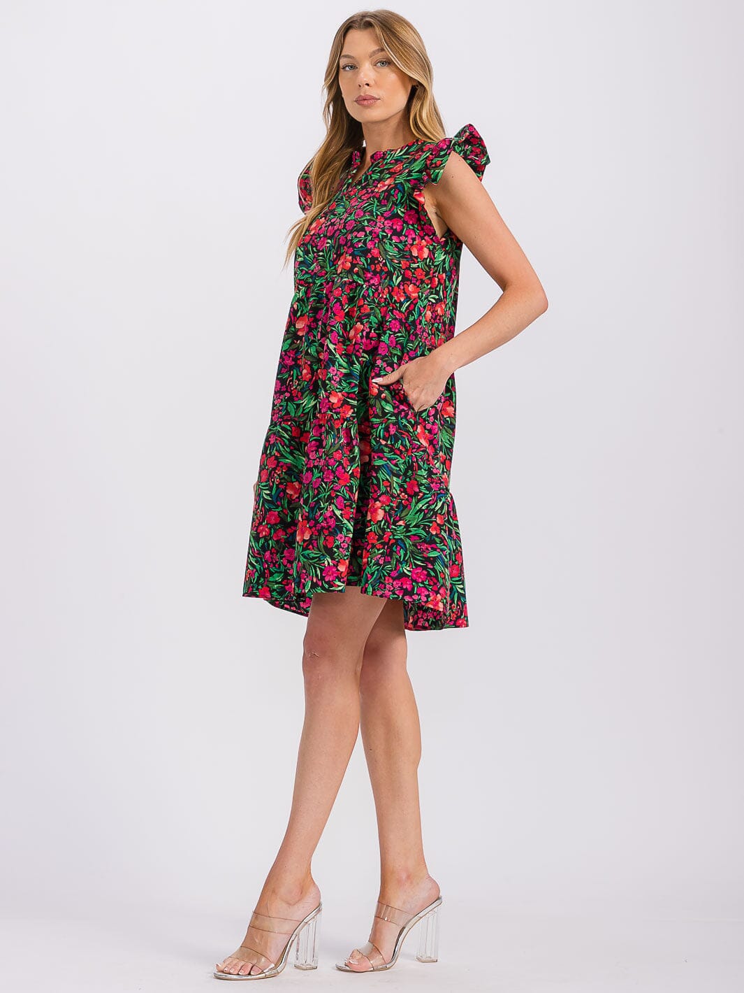 WOMEN'S SHORT SLEEVE BUTTON UP TIERED FLORAL MINI DRESS (Copy)
