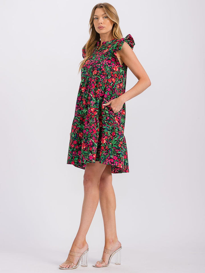 WOMEN'S SHORT SLEEVE BUTTON UP TIERED FLORAL MINI DRESS (Copy)