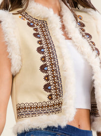 WOMEN'S SLEEVELESS FAUX FUR EMBROIDERY TRIM SUEDE VEST