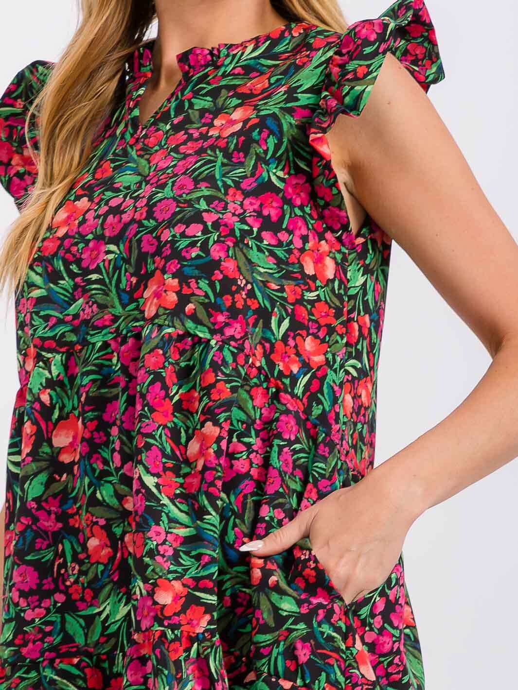 WOMEN'S SHORT SLEEVE BUTTON UP TIERED FLORAL MINI DRESS