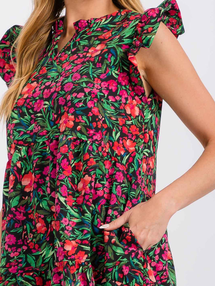 WOMEN'S SHORT SLEEVE BUTTON UP TIERED FLORAL MINI DRESS