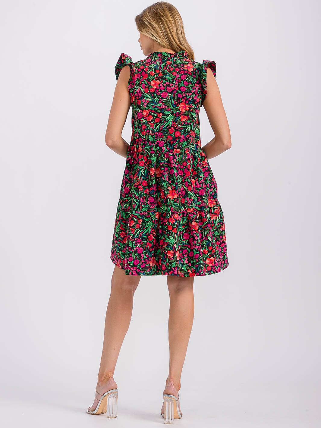 WOMEN'S SHORT SLEEVE BUTTON UP TIERED FLORAL MINI DRESS (Copy)