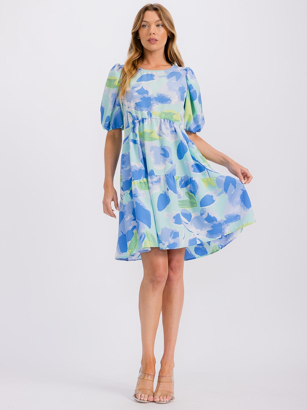 WOMEN'S SHORT PUFF SLEEVE FRONT POCKETS PRINTED TUNIC MINI DRESS