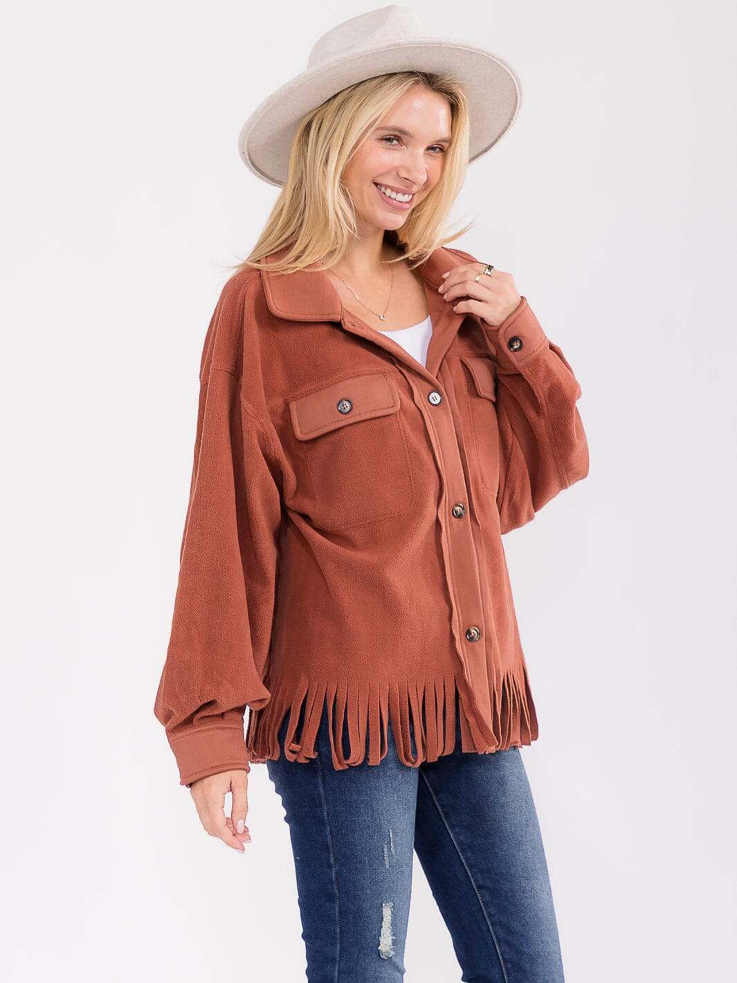 WOMEN'S LONG SLEEVE BUTTON CLOSURE FRONT POCKETS FRINGE JACKET