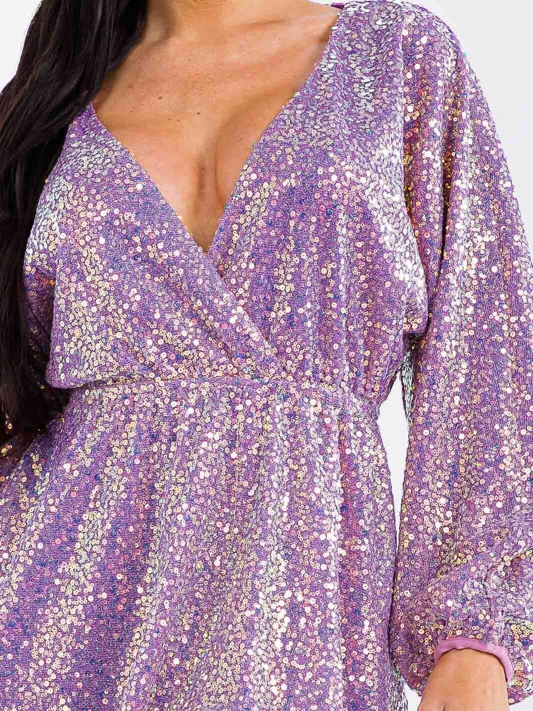 WOMEN'S LONG SLEEVE SURPLICE ELASTIC WAIST SEQUINS MINI DRESS