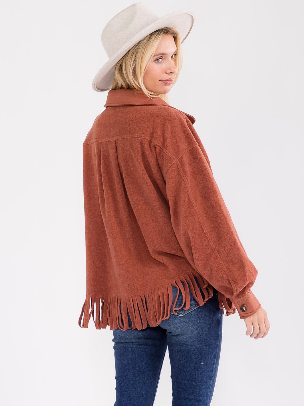 WOMEN'S LONG SLEEVE BUTTON CLOSURE FRONT POCKETS FRINGE JACKET