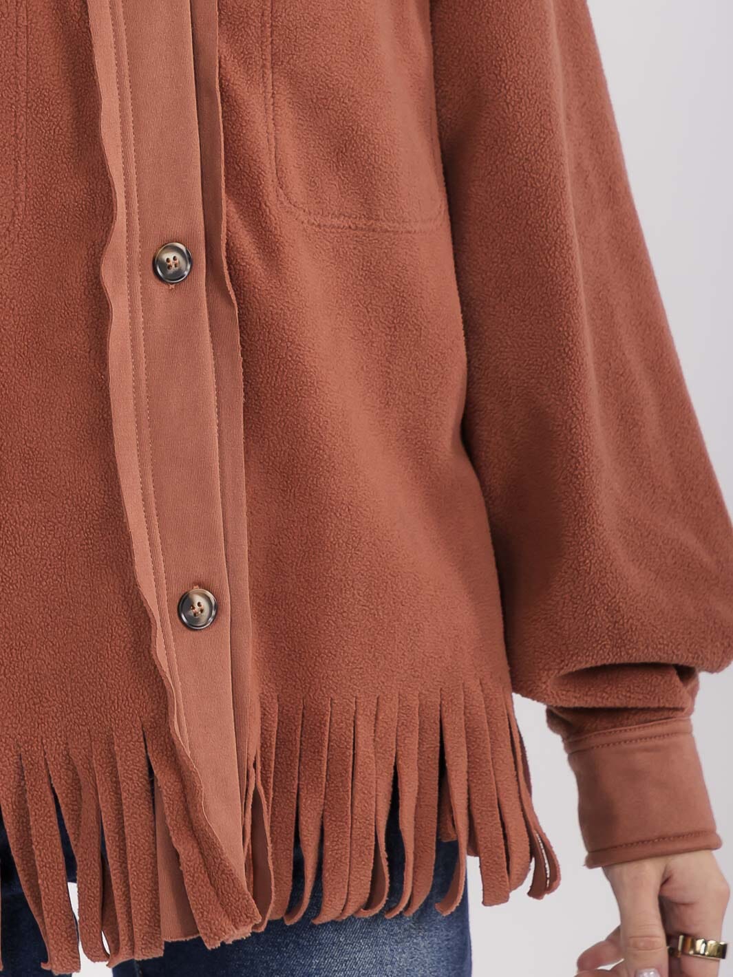 WOMEN'S LONG SLEEVE BUTTON CLOSURE FRONT POCKETS FRINGE JACKET