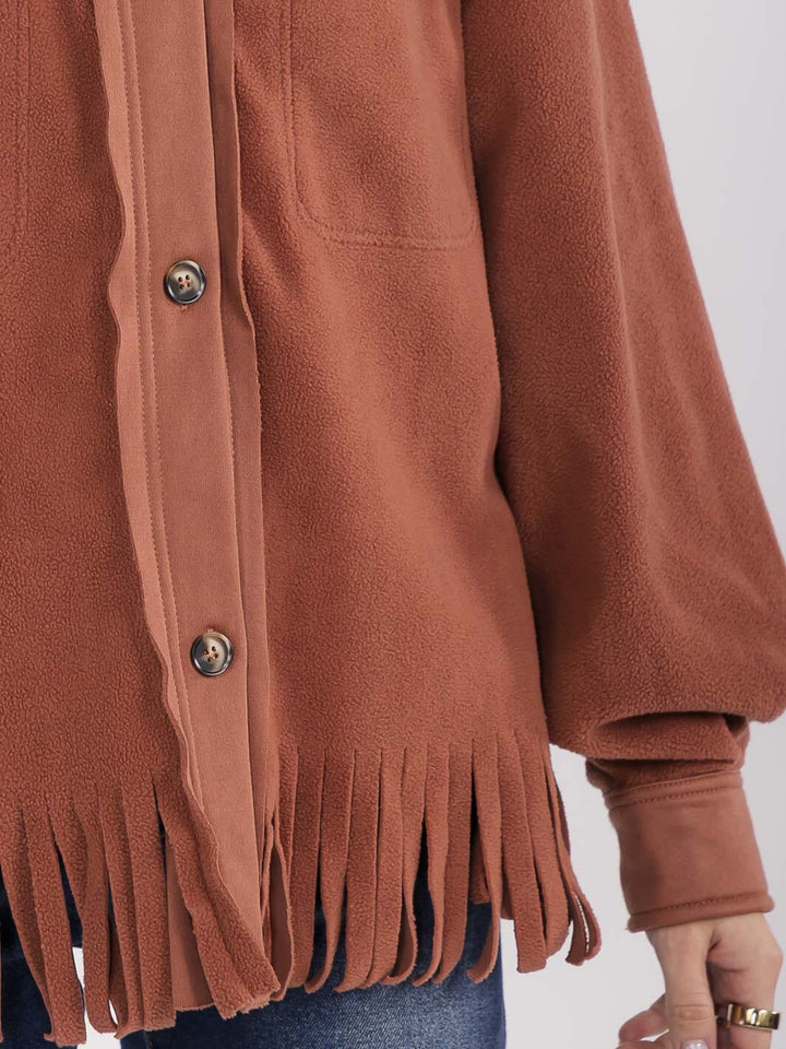 WOMEN'S LONG SLEEVE BUTTON CLOSURE FRONT POCKETS FRINGE JACKET