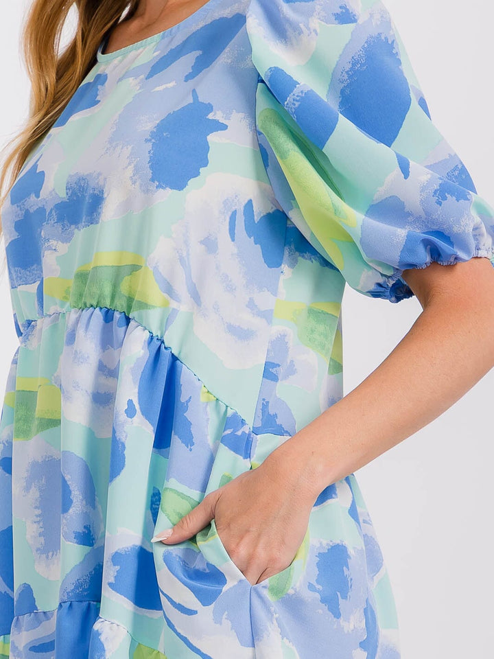 WOMEN'S SHORT PUFF SLEEVE FRONT POCKETS PRINTED TUNIC MINI DRESS