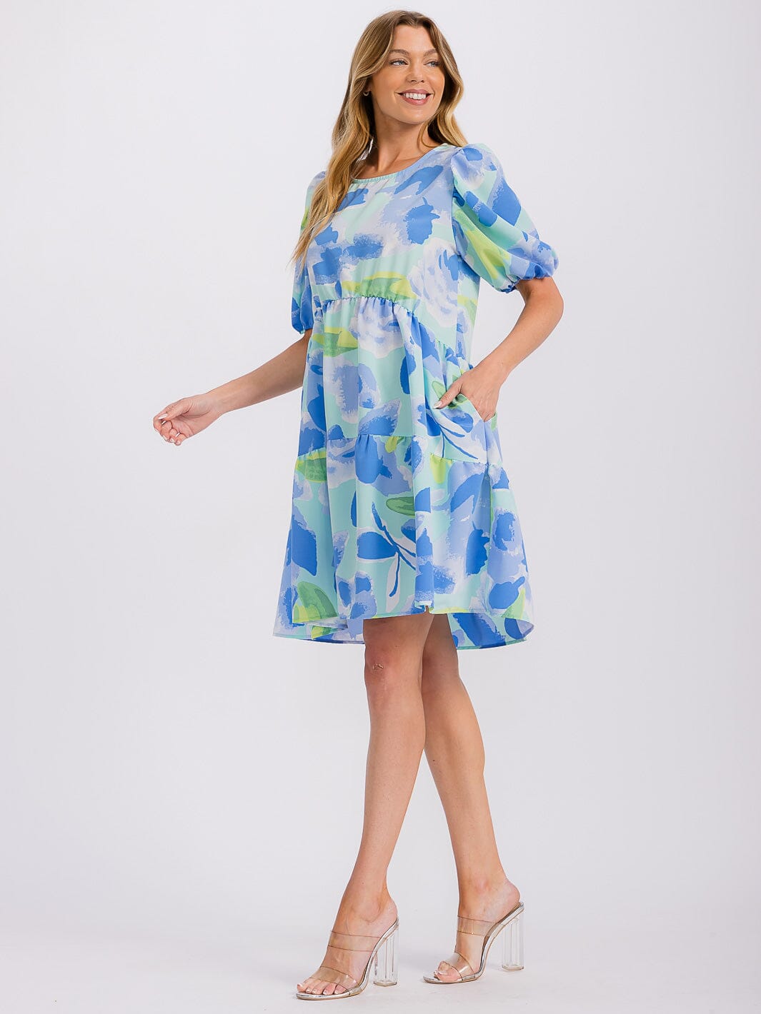 WOMEN'S SHORT PUFF SLEEVE FRONT POCKETS PRINTED TUNIC MINI DRESS