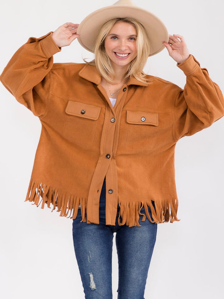 WOMEN'S LONG SLEEVE BUTTON CLOSURE FRONT POCKETS FRINGE JACKET