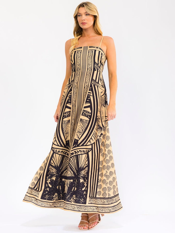 WOMEN'S SLEEVELESS SMOCK MULTI PRINT BODYCON MAXI DRESS