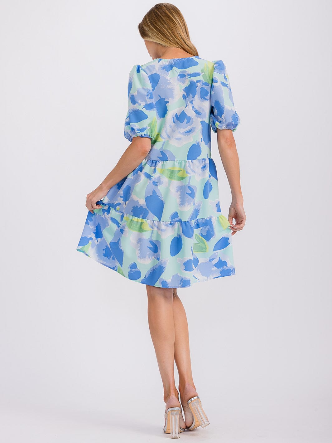 WOMEN'S SHORT PUFF SLEEVE FRONT POCKETS PRINTED TUNIC MINI DRESS