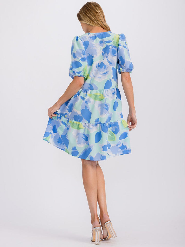 WOMEN'S SHORT PUFF SLEEVE FRONT POCKETS PRINTED TUNIC MINI DRESS