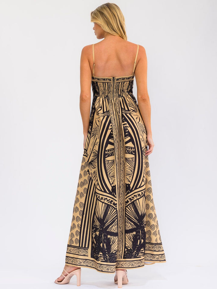 WOMEN'S SLEEVELESS SMOCK MULTI PRINT BODYCON MAXI DRESS