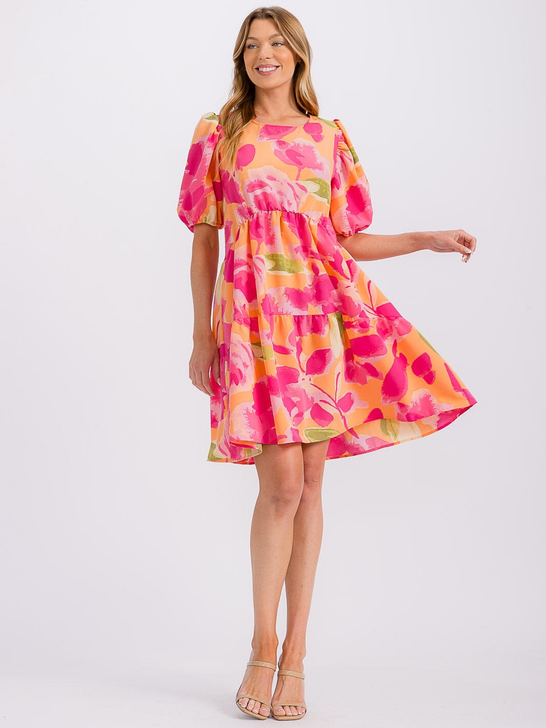 WOMEN'S SHORT PUFF SLEEVE FRONT POCKETS PRINTED TUNIC MINI DRESS