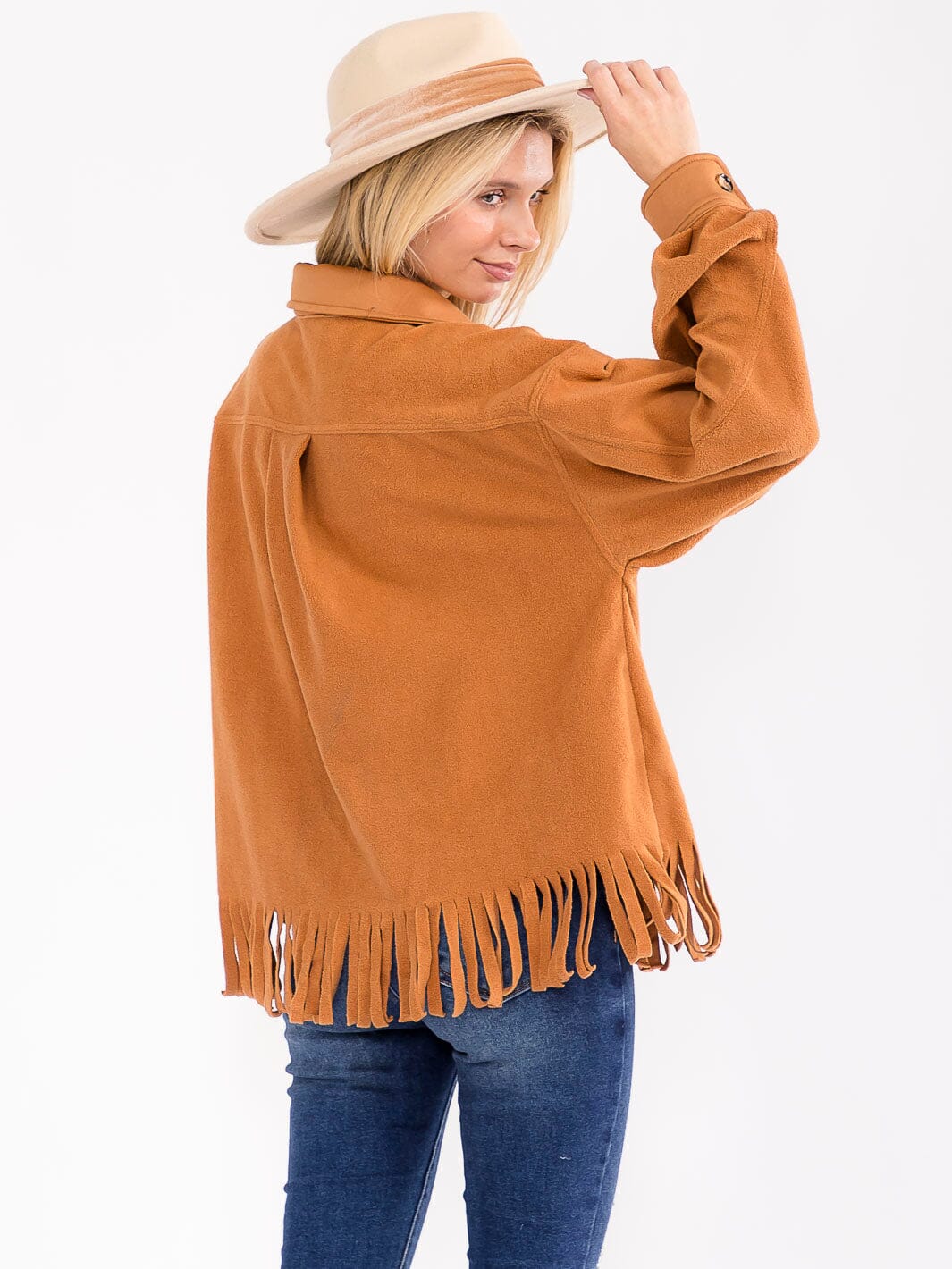 WOMEN'S LONG SLEEVE BUTTON CLOSURE FRONT POCKETS FRINGE JACKET