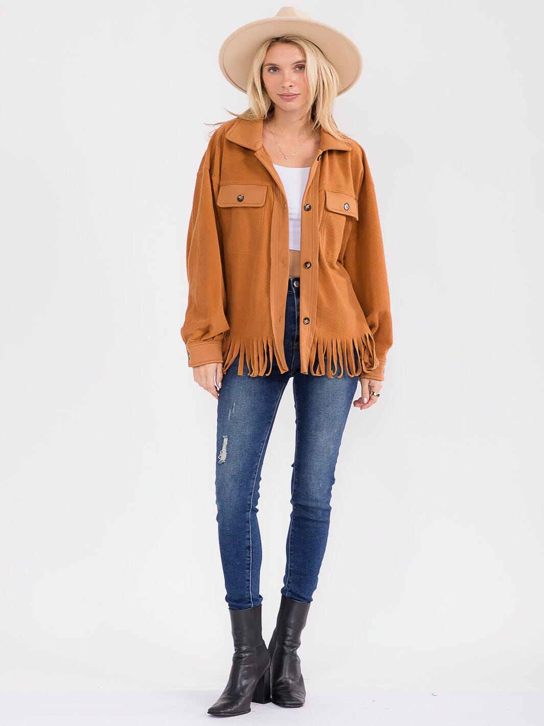 WOMEN'S LONG SLEEVE BUTTON CLOSURE FRONT POCKETS FRINGE JACKET