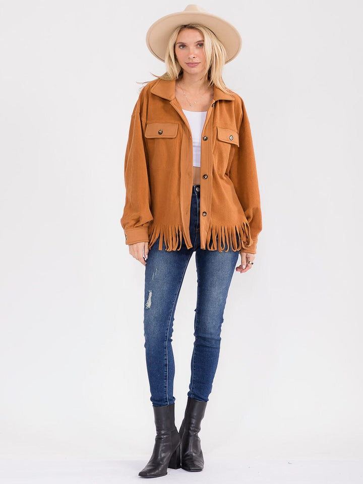 WOMEN'S LONG SLEEVE BUTTON CLOSURE FRONT POCKETS FRINGE JACKET