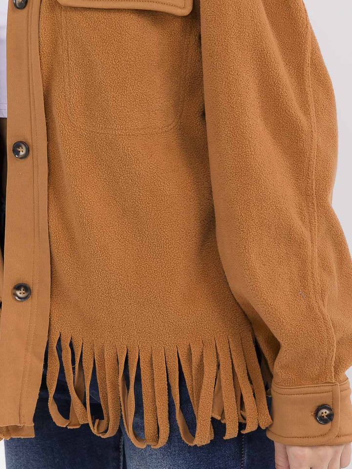 WOMEN'S LONG SLEEVE BUTTON CLOSURE FRONT POCKETS FRINGE JACKET