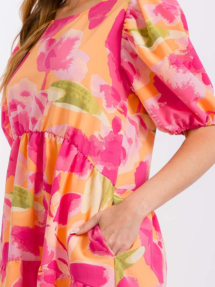 WOMEN'S SHORT PUFF SLEEVE FRONT POCKETS PRINTED TUNIC MINI DRESS